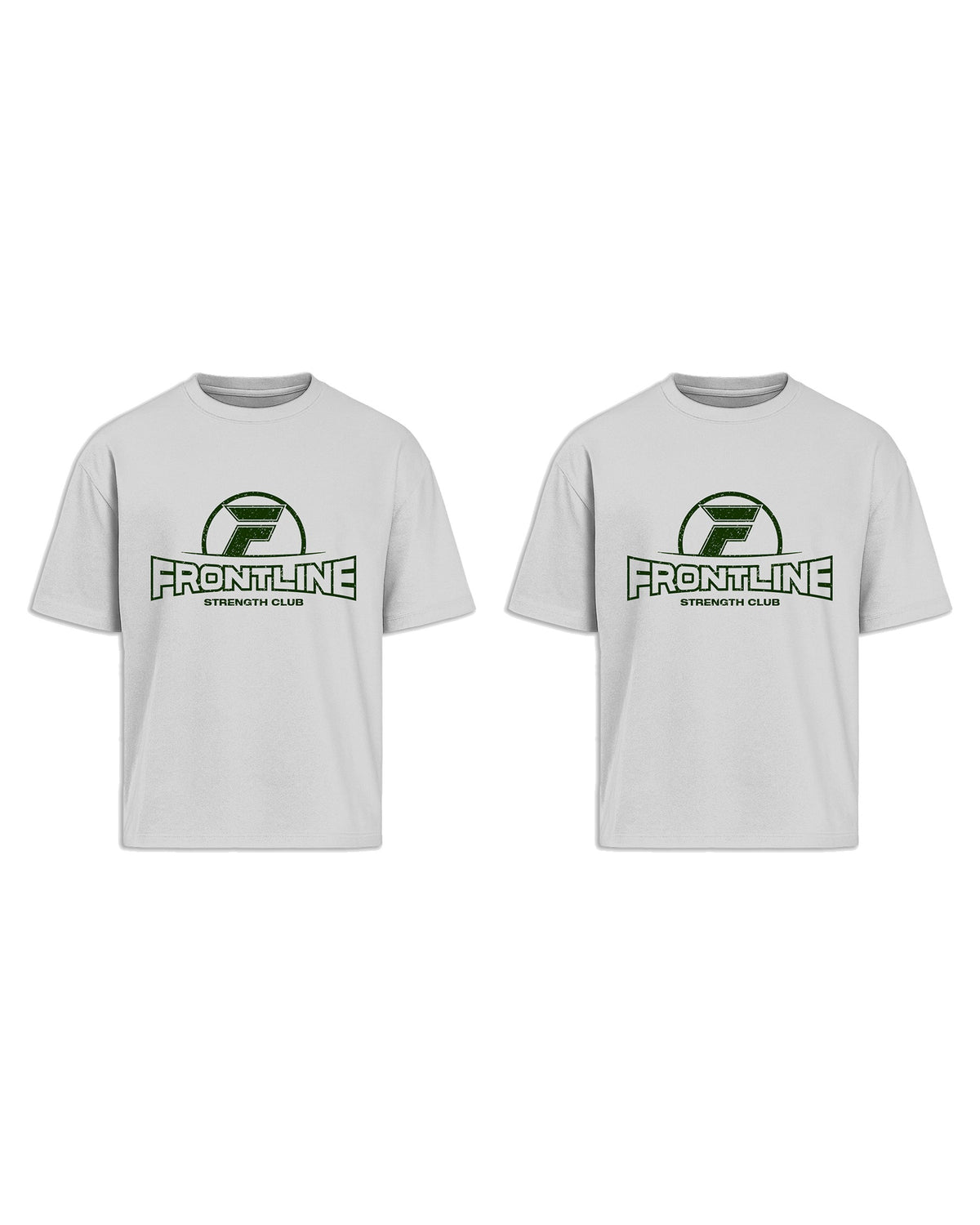 Twee witte Strengthclub T-Shirts naast elkaar